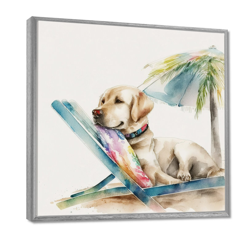 Chien sur une chaise à la plage I - impressions sur toile de chien, H 36 po x l 36 po, Encadrement argenté