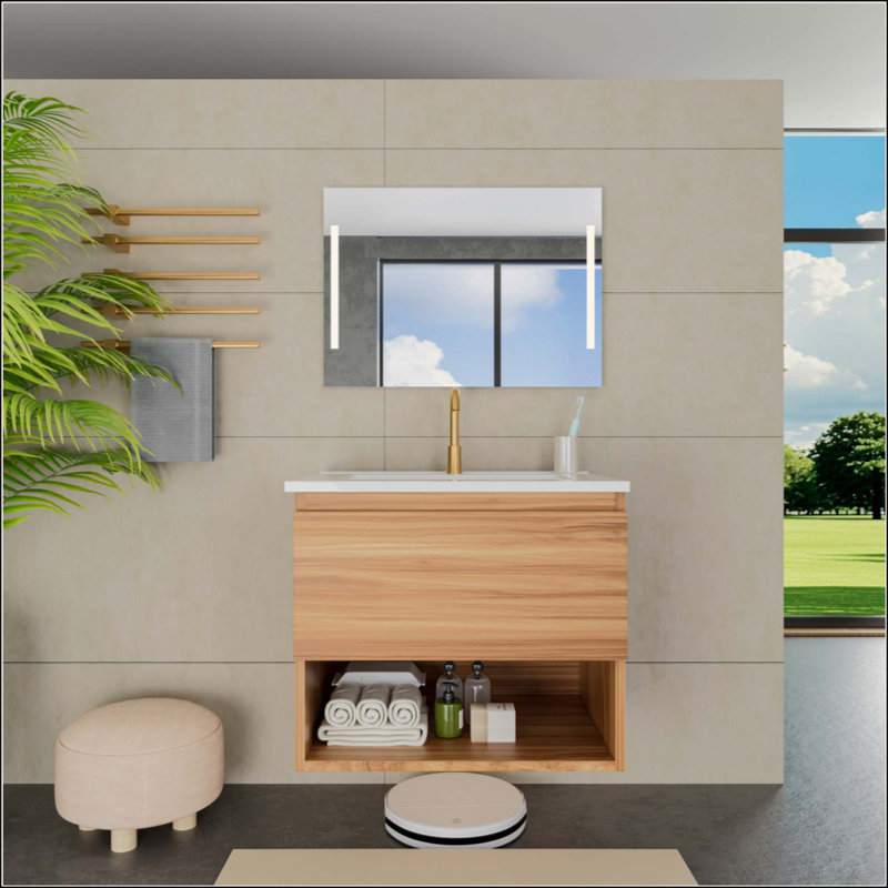 Meuble-lavabo de salle de bain avec lavabo en céramique - Meuble-lavabo mural flottant cannelé avec tiroirs, moderne, 23"