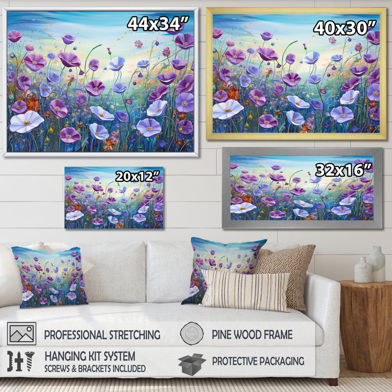 «Purple Morning Glory Flower Field» sur impression sur toile, Cadre flottant doré, H 12 po x l 20 po x P 1 po