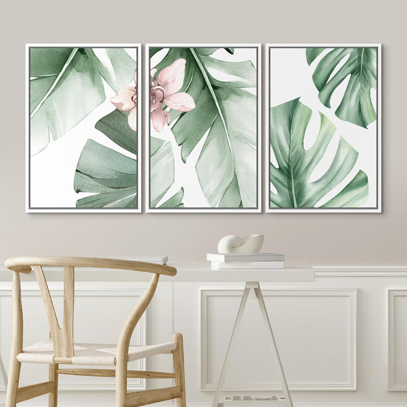 Minimaliste botanique tropical feuille de bananier Monstera vert sauge, œuvre d'art moderne minimaliste botanique, Blanc