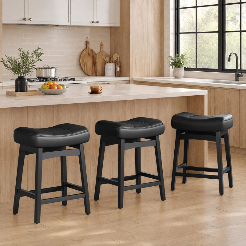 Tabouret de bar rembourré en forme de selle avec cadre en bois massif (ensemble de 3), noir simili cuir / Noir, 3