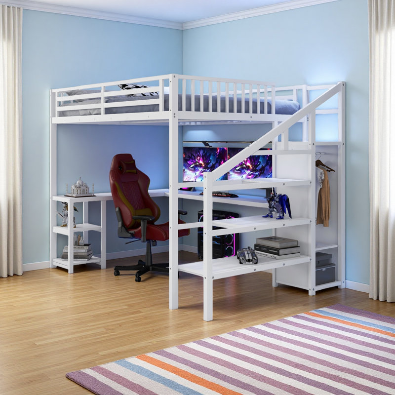 Metal Queen Loft Bed With Wardrobe And LED Light, Queen Size Loft Bed With L Shaped Desk And USB For Kids Teens Adults