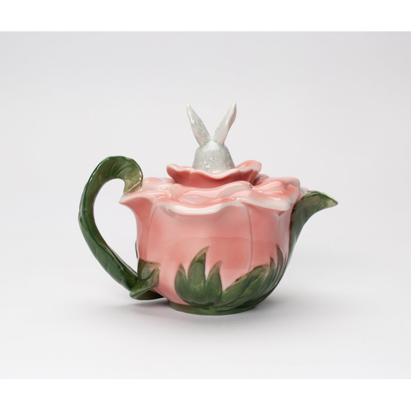 Pink Rosy Rabbit Floral Teapot- 5 3/4"H 