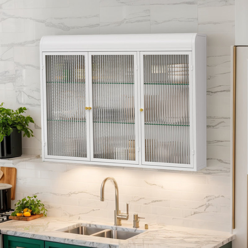 Armoire murale avec portes en verre, Blanc / Blanc