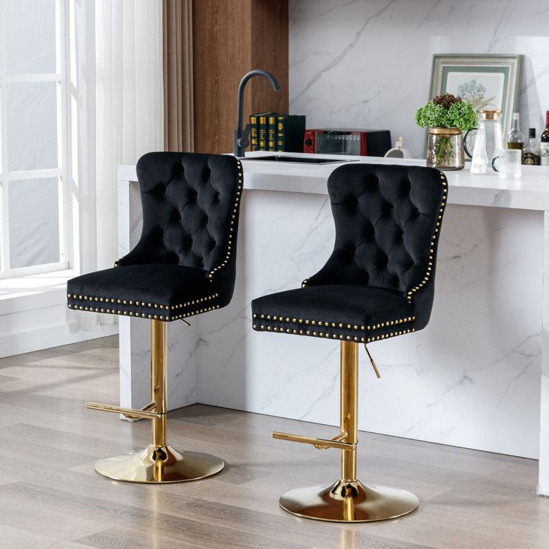 Tabourets de bar pivotants en velours, 1, Doré, Noir, noir, noir, noir