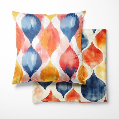 Ikat Decorative Pillow 2 Pieces - Blue And Orange Geo Ikat Printed Throw Pillow For Bedroom