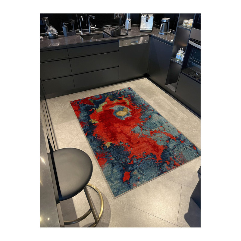 Tapis décoratif moderne à motif abstrait bleu et rouge lavable à la machine, Tapis de couloir 2 pi 6 po x 6 pi 7 po 