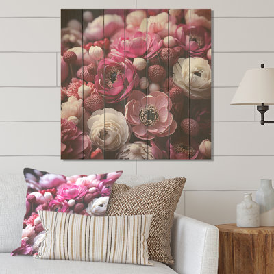 Purple, White Ranunculus Radiance Layers Of Beauty - Ranunculus On Wood Print