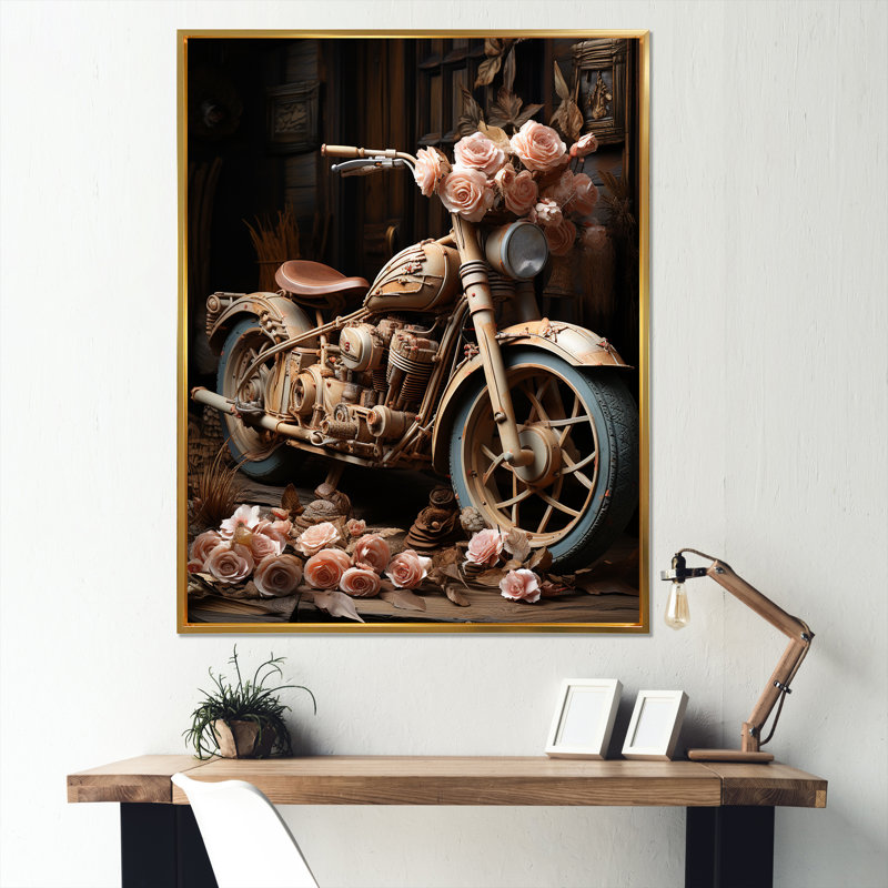 " Rustic Adventure Flower Motorcycle ", Gold Floater Framed, 32" H x 16" W x 1" D