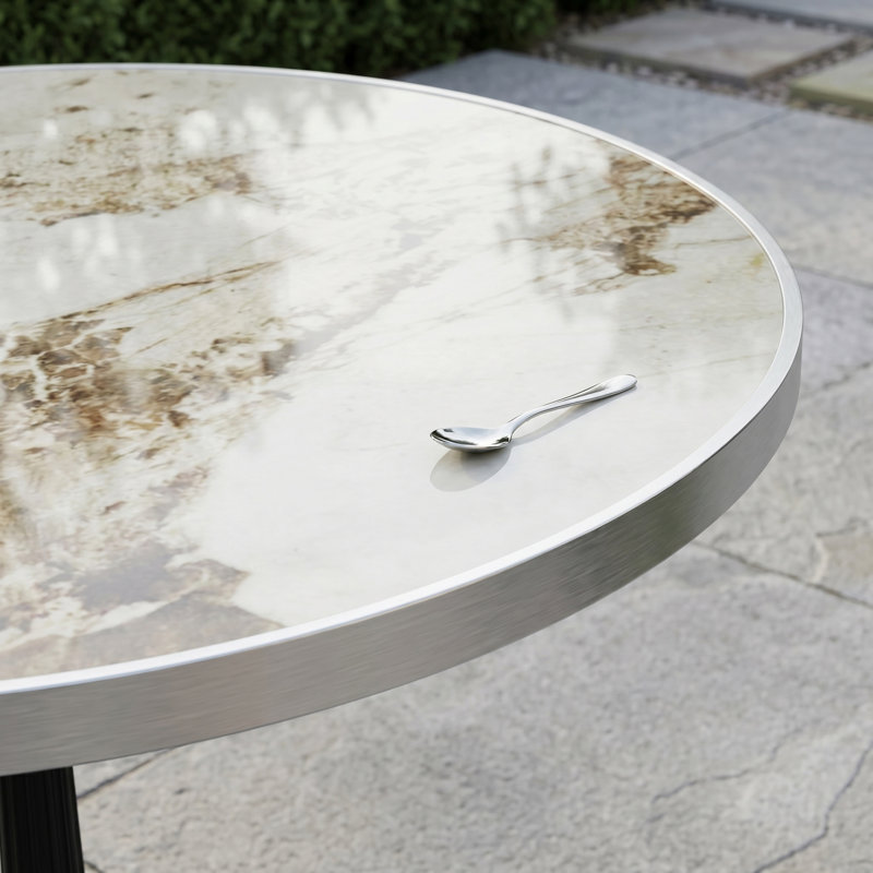 Table bistro de patio 31,5 po avec dessus en pierre frittée et base en fonte, Light Marble