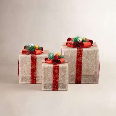 Pre-Lit Christmas Gift Boxes with LED Lights and Festive Gift Toppers - Set of 3