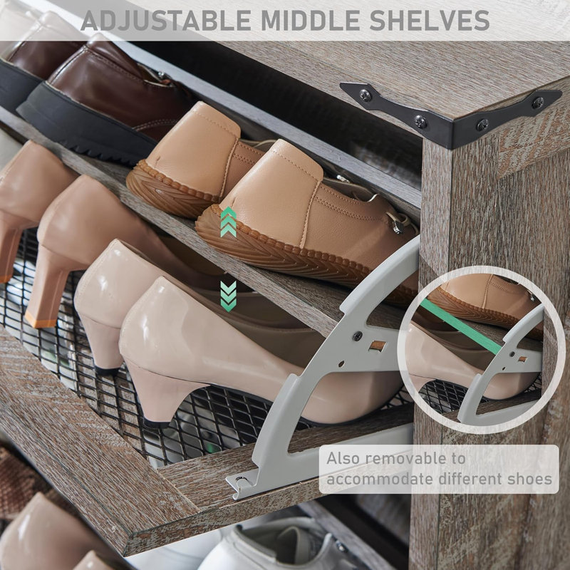16 Pair Shoe Storage Cabinet with 2 Flip Drawers & 4 Adjustable Shelves , Farmhouse Shoe Cabinet with Mesh Doors for Entryway, Grey