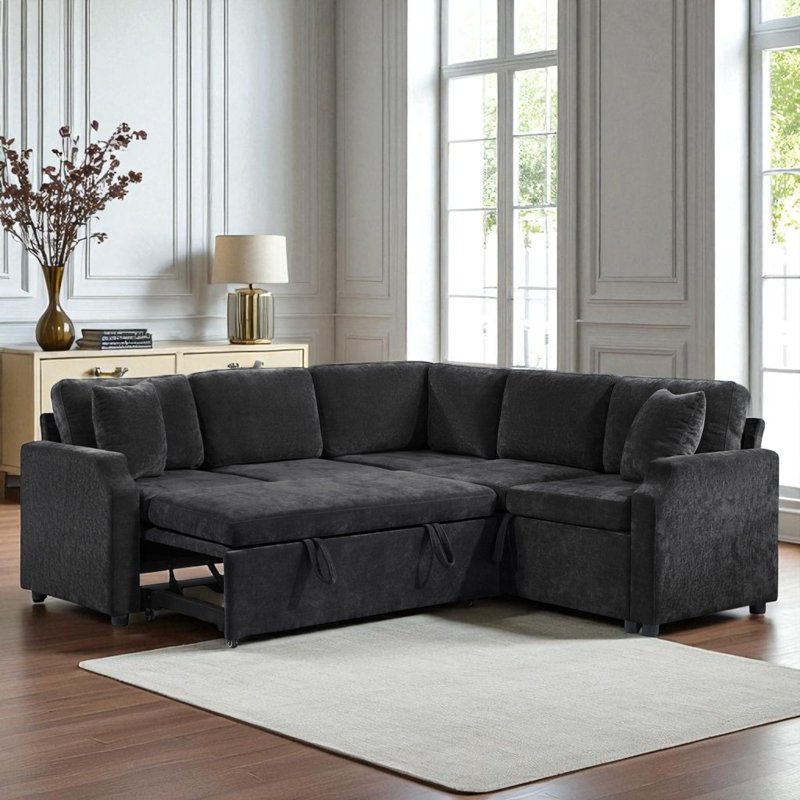 Canapé-lit modulaire en L avec rangement, Chenille noir