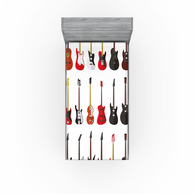 Ensemble de 2 draps-housse pour guitare Ambesonne Acoustique Vermillon blanc noir, Drap-housse pour lit simple TG