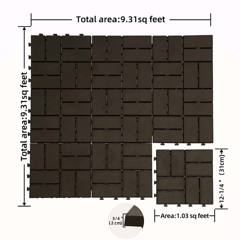 Carreaux de terrasse à emboîtement de patio, tuiles de terrasse carrées composites de 12 po x 12 po, carrelage de sol extérieur en plastique à quatre lattes pour cour arrière de porche de balcon (paquet de 9)
