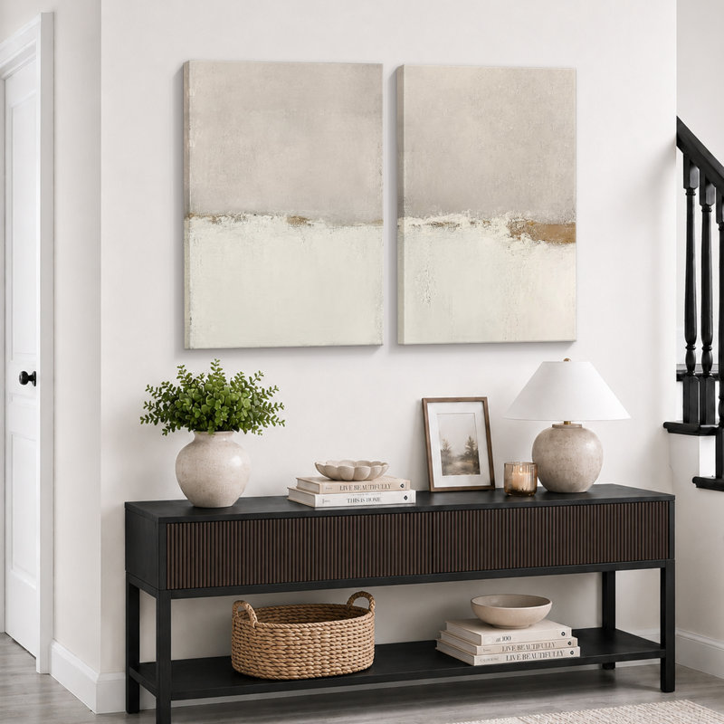 Minimal Landscape "Beige Tan Grunge Abstract Modern Artwork, Simple Minimalist Neutral Wall Pictures, Framed Canvas Giclee Print 2 Pieces Wall Art"
