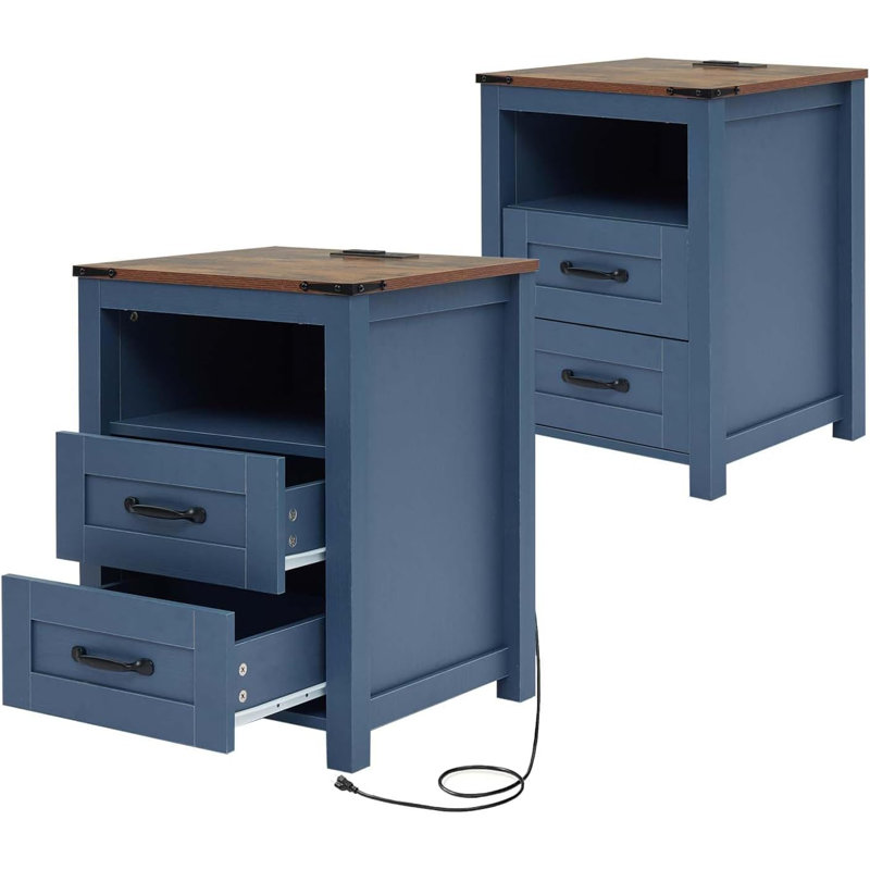Table de chevet, ensemble de 2 avec station de charge, table d'appoint avec armoire de rangement à 2 tiroirs pour chambre à coucher, salon