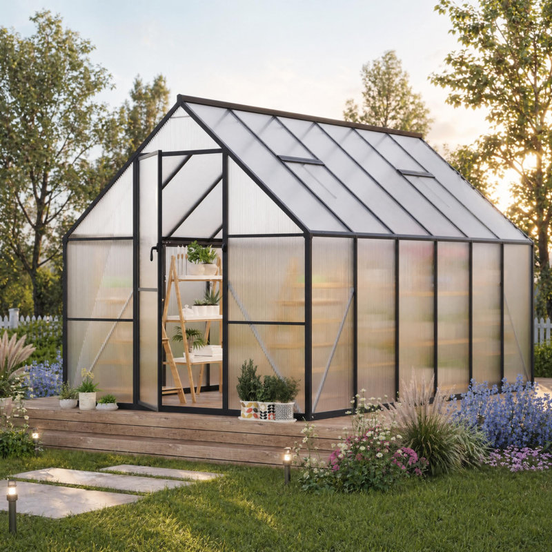 Ensemble de serre en aluminium robuste de 8 pi x 14 pi, serre en polycarbonate avec évent de toit, installation rapide, résistant au vent
