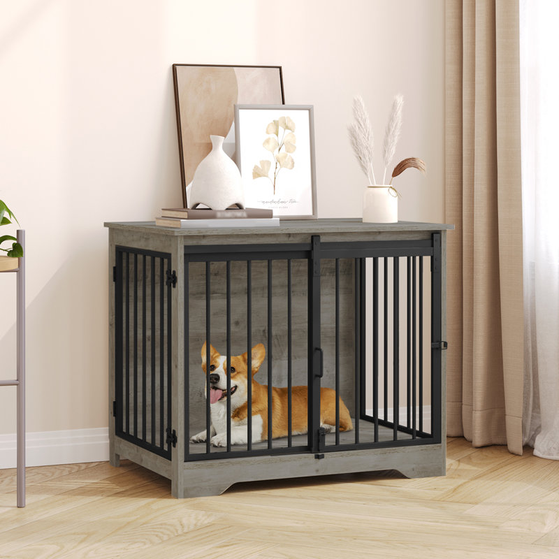 Dog Crate Furniture, Double Door Wooden Dog Crate with Barn Door, Indoor Kennel, End Side Table Animal Crates for Small Medium Large Dogs, Anti-Chew Anti-Escape