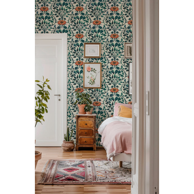 Garden Vine - Emerald Green Botanical Wallpaper, Emerald Green, Self-adhesive
