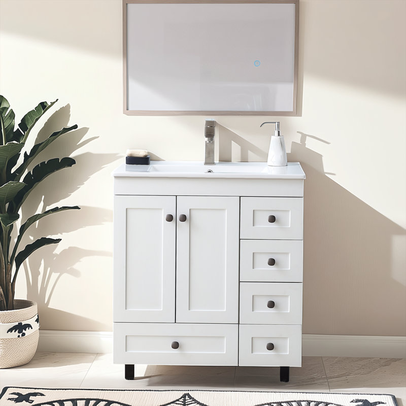 30'' Modern Free-Standing Single Bathroom Vanity With Ceramic Top, White/Black