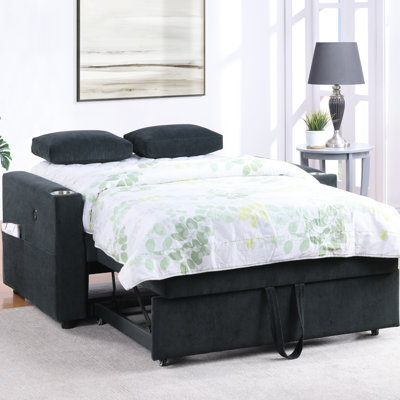 Causeuse-lit convertible 57 po en Corduroy avec porte-gobelets, ports USB, poches pour magazines, coussins, capitonnage