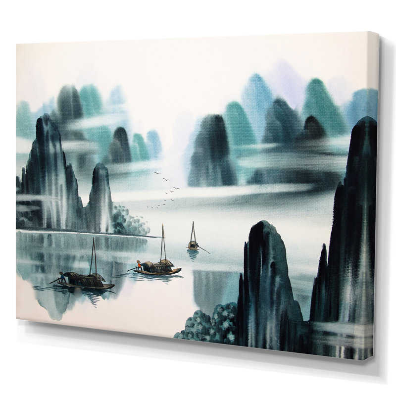 Paysage abstrait d'eau chinois dans des tons de bleu - peinture sur toile, H 30 po x l 40 po, Toile tendue