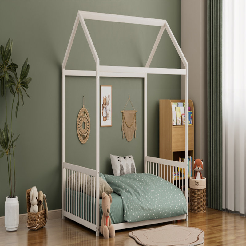 Structure de lit pleine grandeur en métal de style Montessori, forme de maison avec barrières de sécurité verticales pour enfants, assemblage facile, sans lattes, blanc