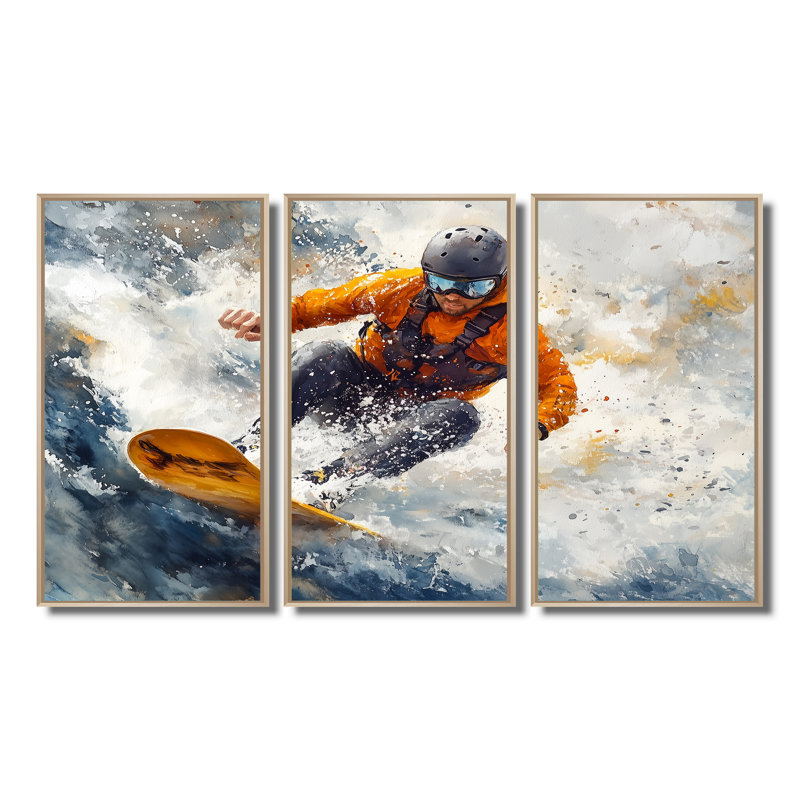Wakeboard jaune Big Air accentué avec gris I - ensemble d'art mural sport d'hiver, Toile naturelle avec cadre flottant