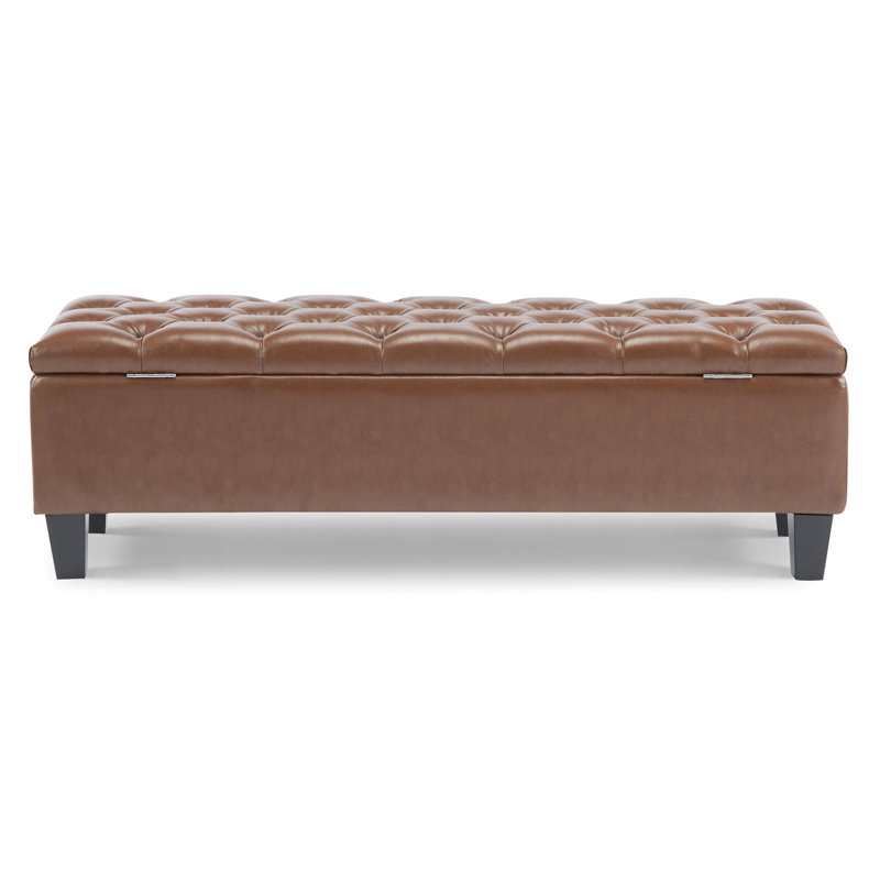 Banc de rangement brun en polyuréthane, pieds en bois d'hévéa, support de 300 lb, charnières à ouverture douce, coutures à boutons et à losanges, idéal pour l'intérieur de la maison, banc de H 49,56 po x P 17,11 po avec surface