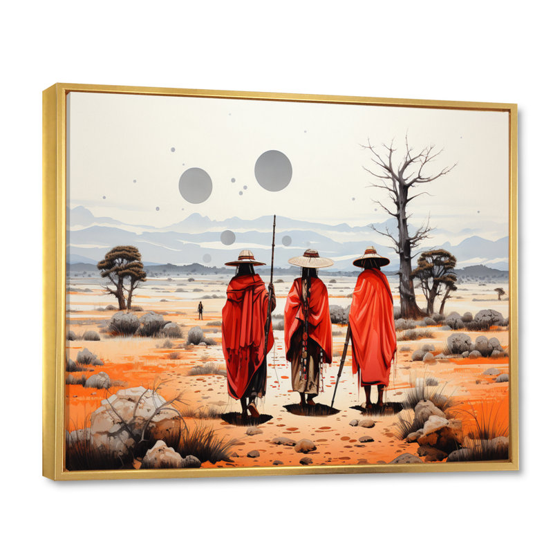 «Western Desert Nomads Pointillism», reproduction d'art sur toile, 24" H x 32" W, Cadre flottant doré