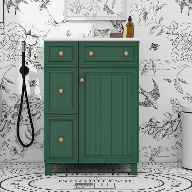 24" Bathroom Vanity Cabinet With Ceramic Sink, 2 Drawers, Frosty Green