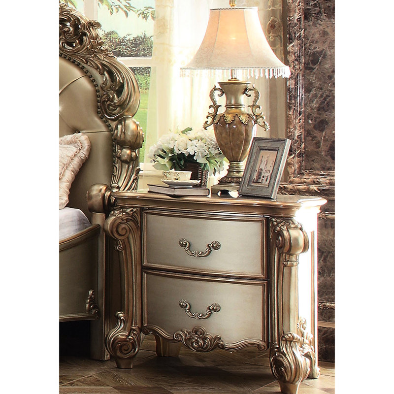 Sophisticated Style 2 Drawers Nightstand With Poplar Wood And English Back Traditional Drawer In Gold Patina Felt Lining Scrolled Base