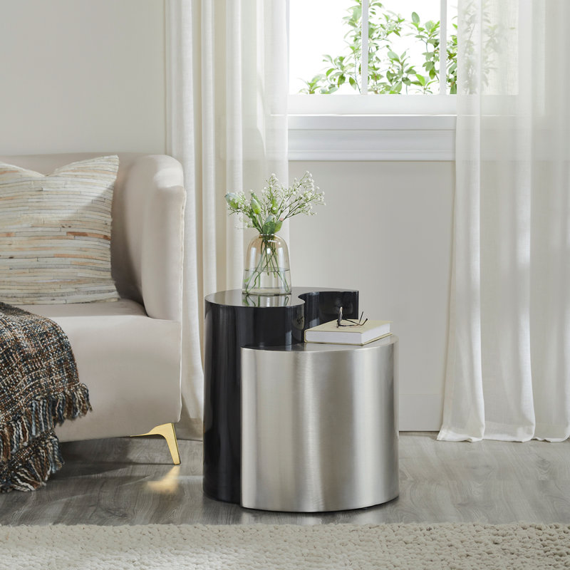 YING YANG Table de bout de style moderne et contemporain fabriquée avec une structure en tôle de fer en noir et argent Identique à B009140743 (CA Stock)