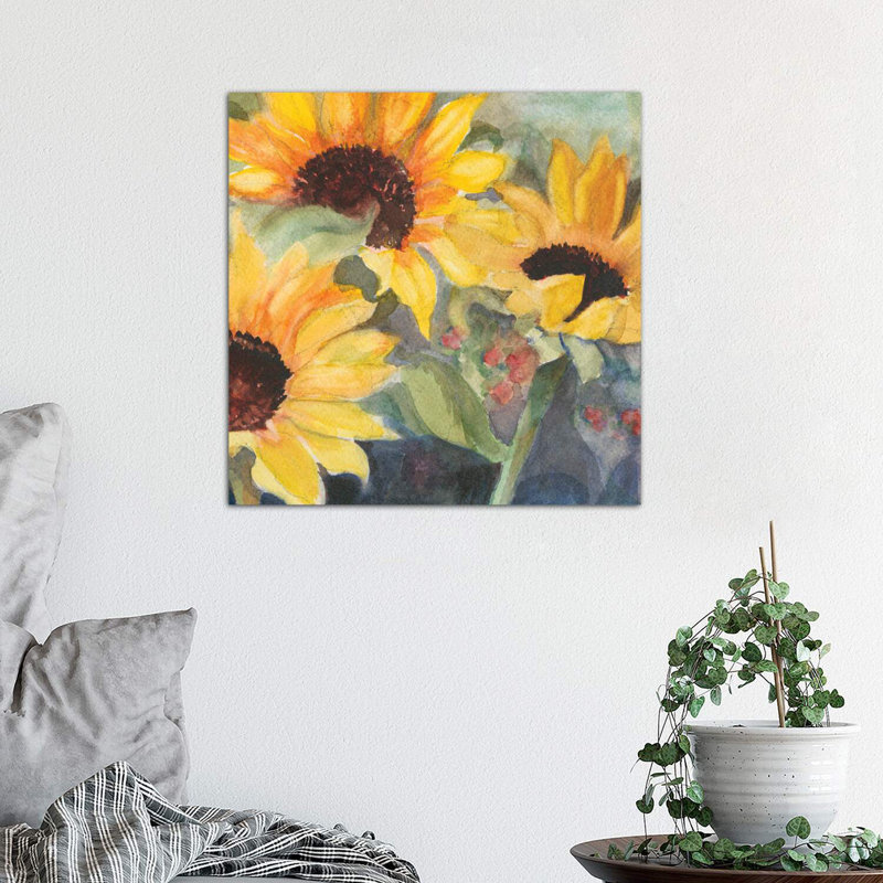 Tournesols dans l'aquarelle II par Sandra Iafrate - reproduction d'art, Toile tendue, H 18 po x l 18 po x 1,5 po