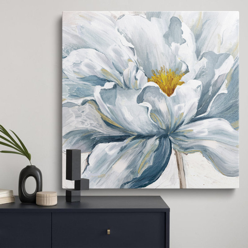 Impression d'art floral moderne peint à la main en bleu et blanc, H 18 po x l 18 po x P 1,5 po