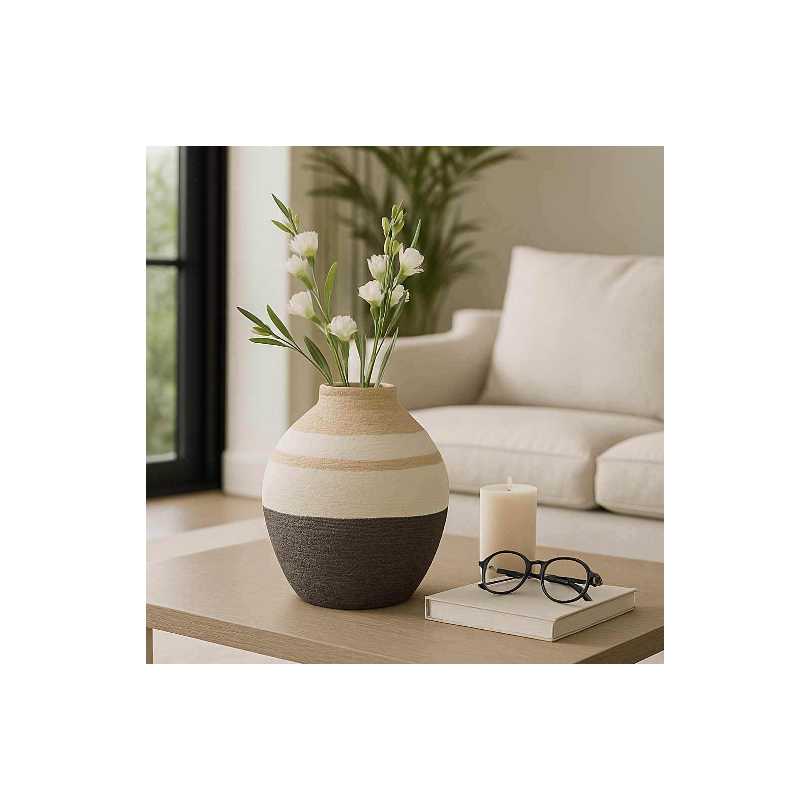 Naylor Ceramic / Porcelain Table Vase, Tan/Ivory/Black, 12" H x 10" W x 10" D