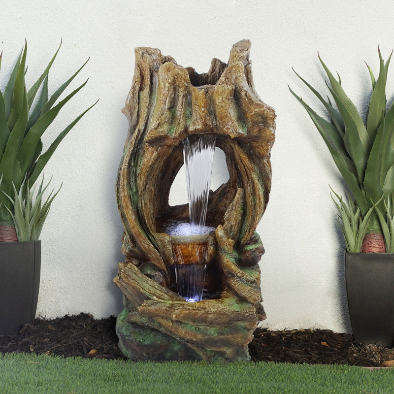 Open Tree Trunk Fountain w/Cool White LED Lights, 40" H x 17" W x 20" D