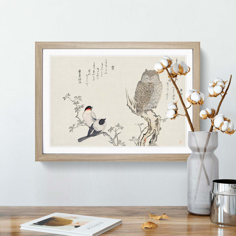 Bullfinch Birds & Hornes Owl by Kitagawa Utamaro - Picture Frame Art Print, 36cm H x 48cm W x 2cm D, Oak Framed