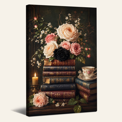 Roses et roses noires sur des livres rétro avec thé, art mural d'Halloween