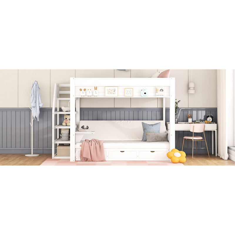 Lit superposé convertible blanc avec options de rangement: escalier, table, 3 tiroirs - rangement robuste et efficace, Blanc