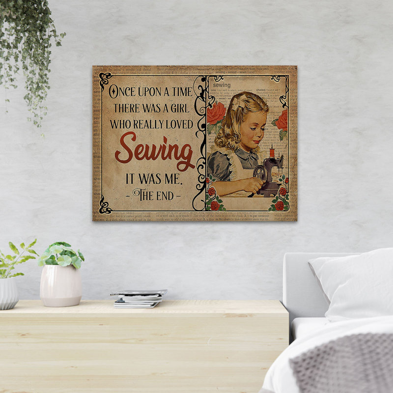 Une fille à coudre - Il était une fois une fille qui aimait vraiment coudre - Reproduction d'art graphique rectangulaire sur toile tendue 1 pièce