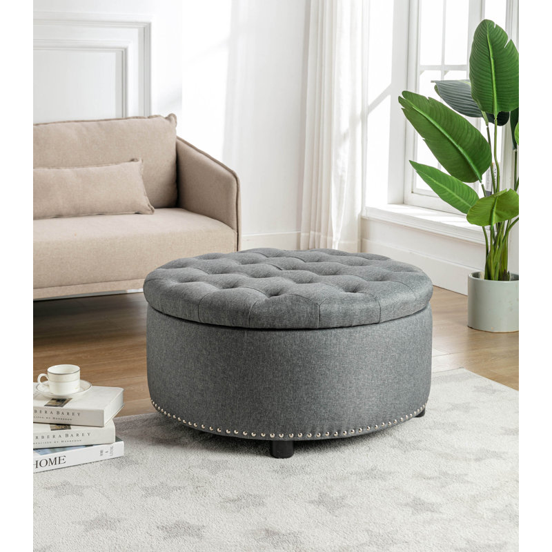 29.9'' Wide Tufted Round Ottoman with Storage, Dark Gray Polyester