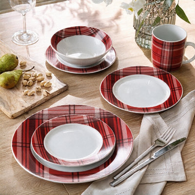 Waterside 16pc Porcelain Burgundy Tartan Dinner Set