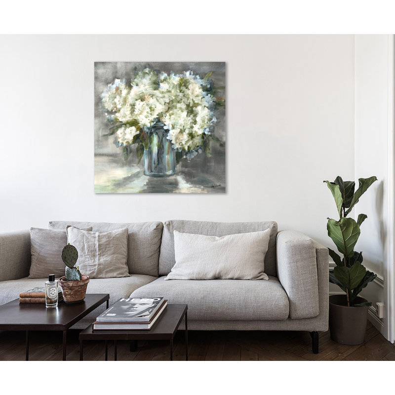 «White & Taupe Hydrangeas In Mason Jar II», reproduction sur toile tendue, H 12 po x l 12 po x P 1,5 po