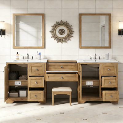 84" Double-Sink Bathroom Vanity, 2 Ceramic Sinks And A Engineered Stone Countertop, Large Storage Bathroom Vanity With Silver Metal Knobs And 6 Drawers, Soft Closing Design, Wood