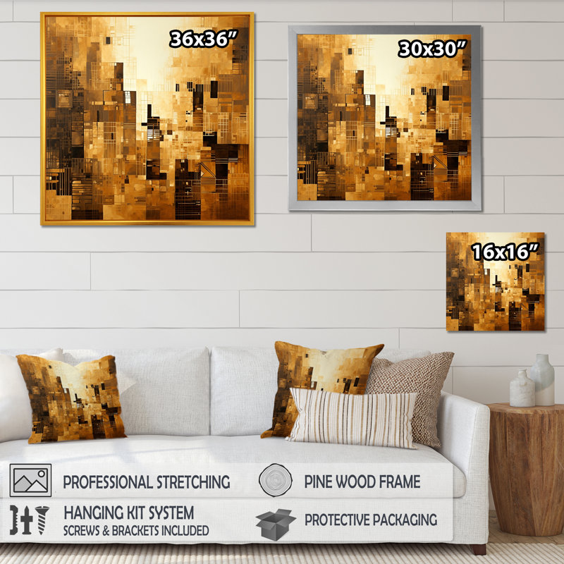 «Modern Cityscape Skycraper Bronze Blocks I», reproduction d'art sur toile, Cadre flottant noir, H 36 po x l 36 po x P 1,5 po
