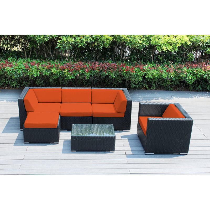 Ensemble de conversation en osier pour 5 personnes avec coussins Lumini, Toile Sunbrella® toscan