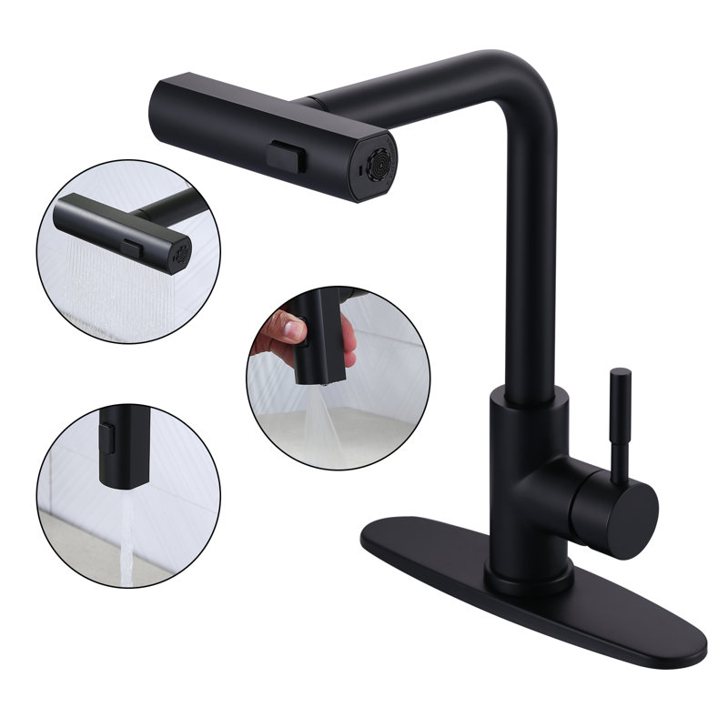 Robinet de cuisine 3 casiers à poignée simple et douchette en acier inoxydable, Noir mat, Sans distributeur de savon