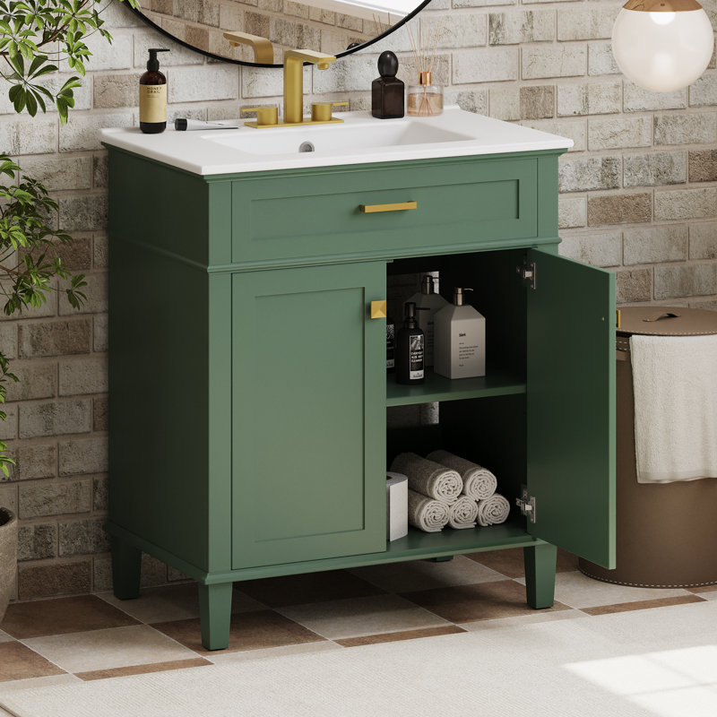 Meuble-lavabo de salle de bain avec lavabo en céramique, portes à fermeture douce et tablettes réglables, Vert